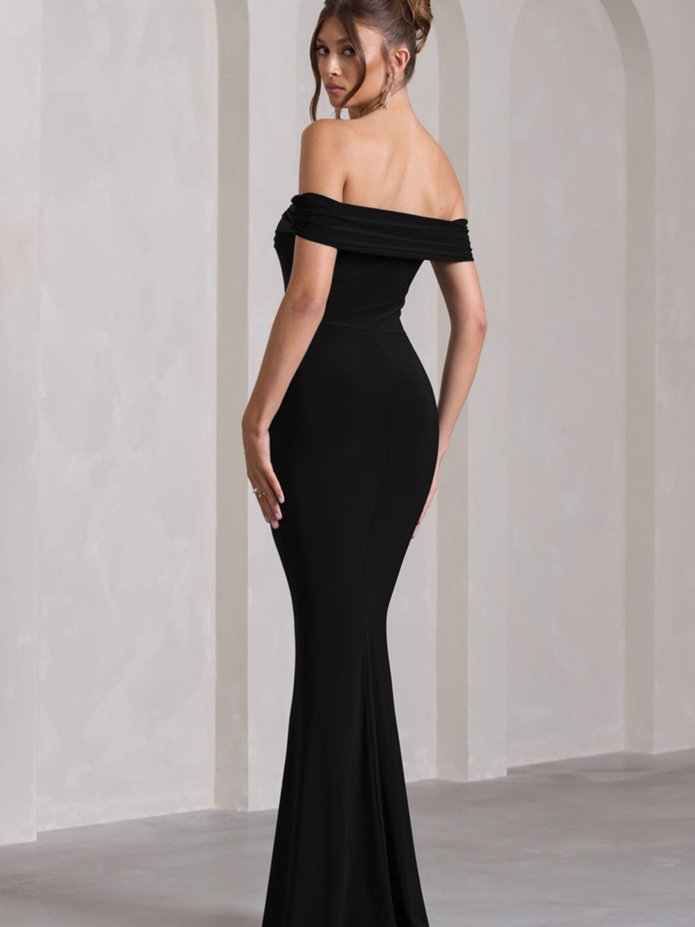 Club L London Law of Attraction Black Bardot Draped Split Maxi Dress - Picture 3 of 3